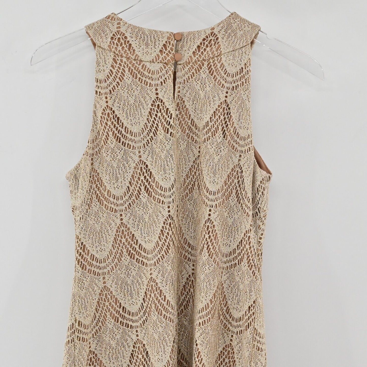 Vtg LAURA Dress Womens Size M Tan Gold Metallic Crochet Lace Fringe Halter Shift