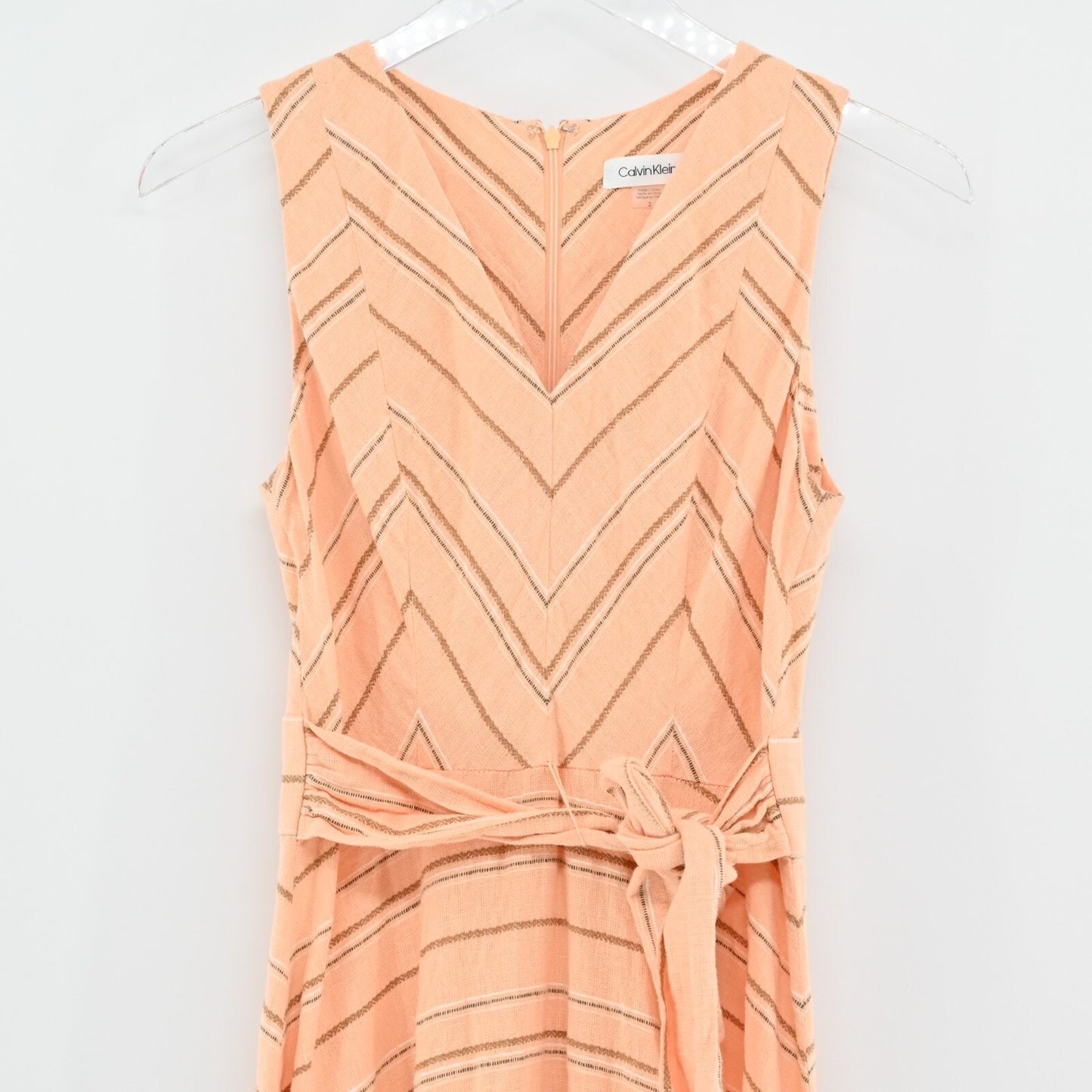 CALVIN KLEIN Dress Sz 2 Orange Linen Cotton Striped Belted Maxi V Neck Vacation