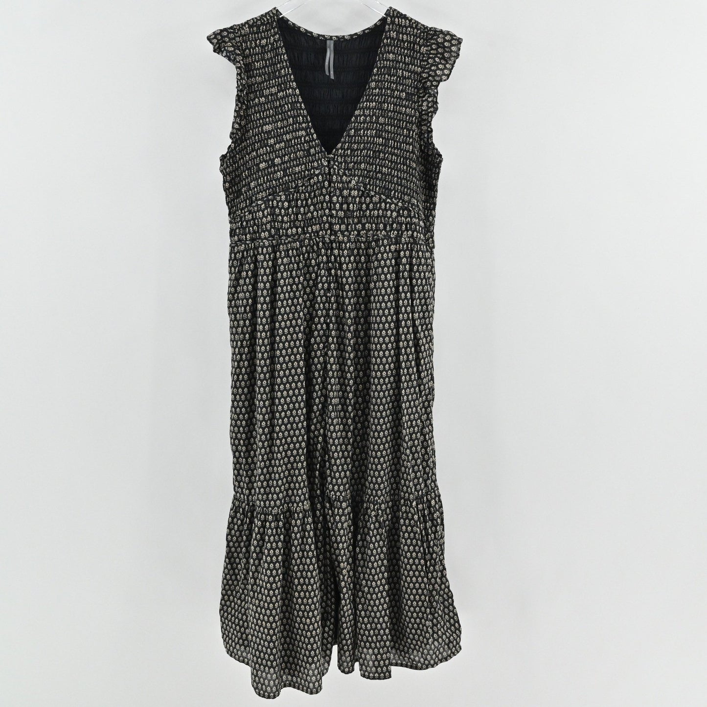 Anthropologie Peregrine Midi Dress Womens Size XL Neutral Motif Smocked Tiered