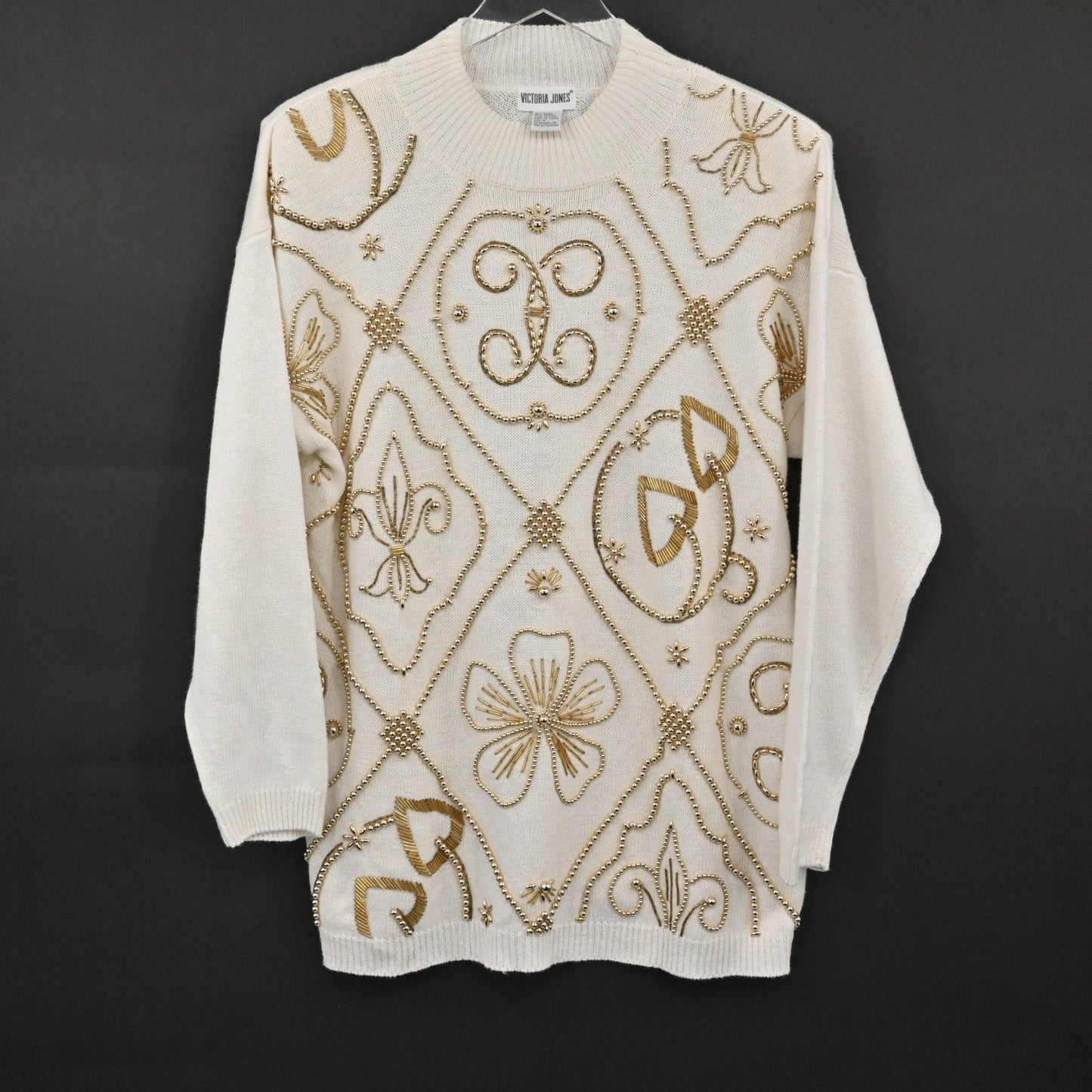 Vtg 80s Womens Gold Beaded Sweater Sz M Cream Victoria Jones Knit Fleur De Lis