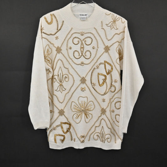 Vtg 80s Womens Gold Beaded Sweater Sz M Cream Victoria Jones Knit Fleur De Lis