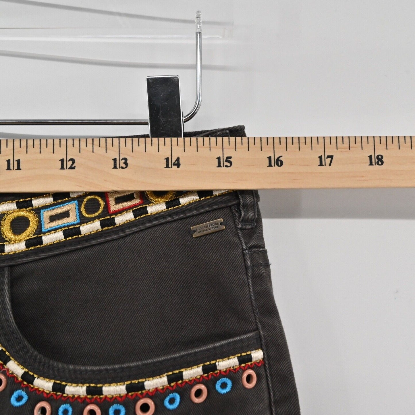 SCOTCH SODA Jeans Womens Size 29 Gray Embroidered Mid Rise Skinny Stretch Boho