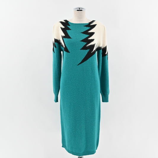 Vtg JOHN RICHARD Sweater Dress Angora Hair Sz M Knit Zig Zag Lightning Teal 80s