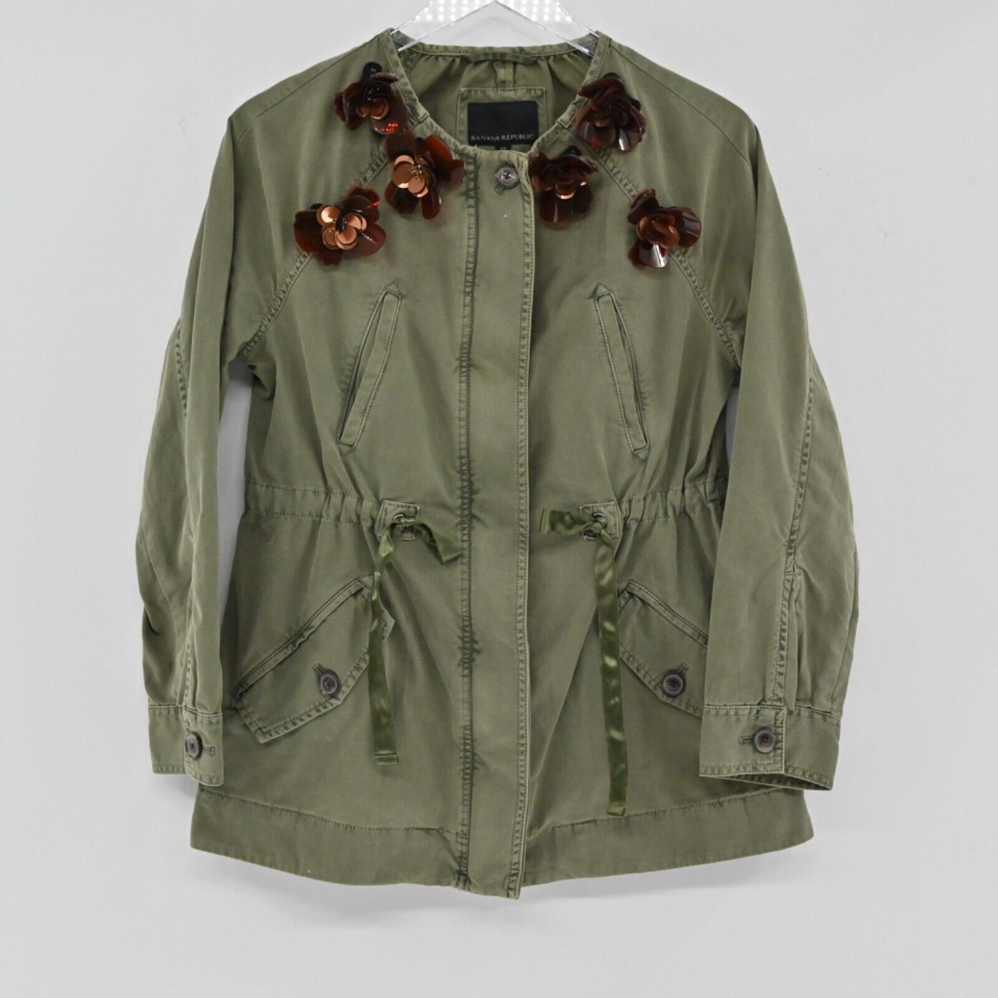 BANANA REPUBLIC Jacket Women Sz XS Green Cotton Floral Embellished Military Boho