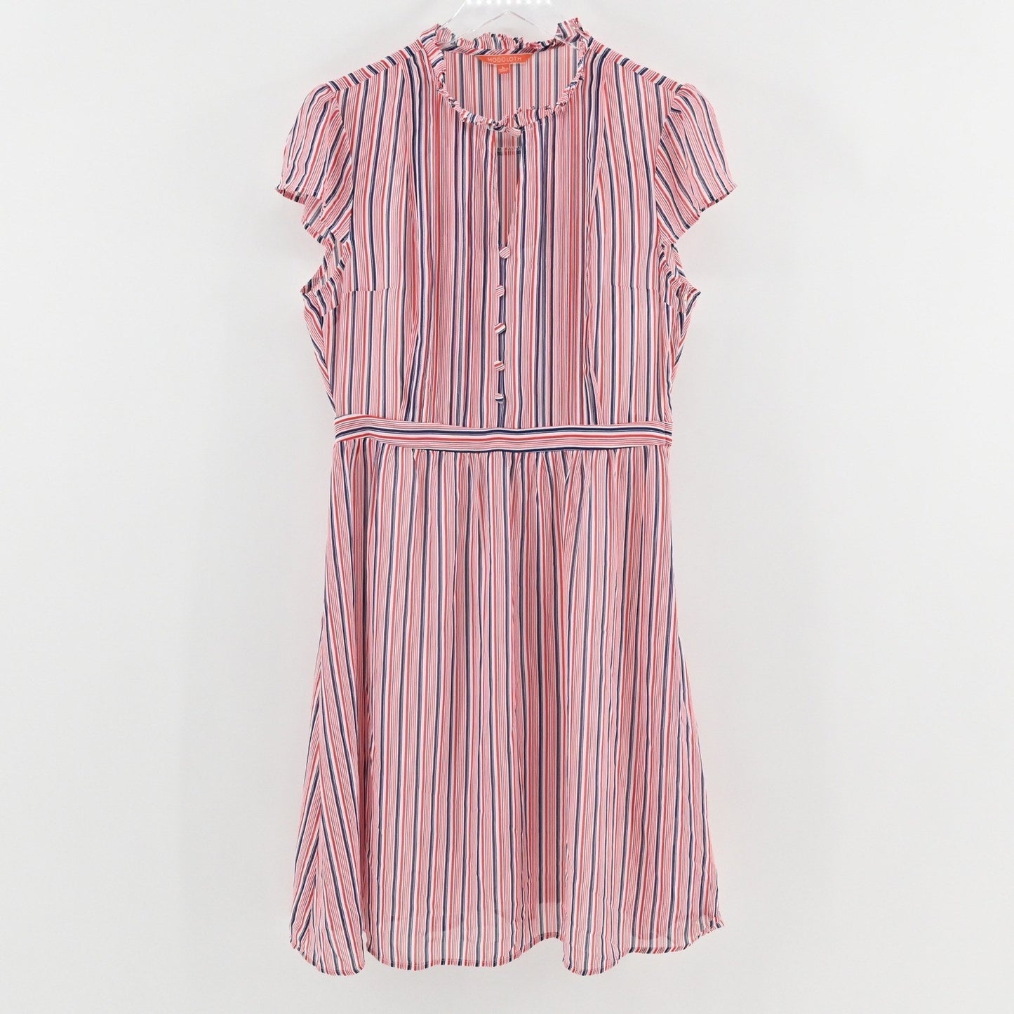 Modcloth Striped Button Front Midi Dress Size L Ruffle Nautical Retro Red Blue