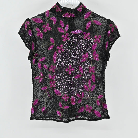 Vtg 80s Papell Boutique Silk Beaded Top Size S Black Pink Sequined Retro Glam