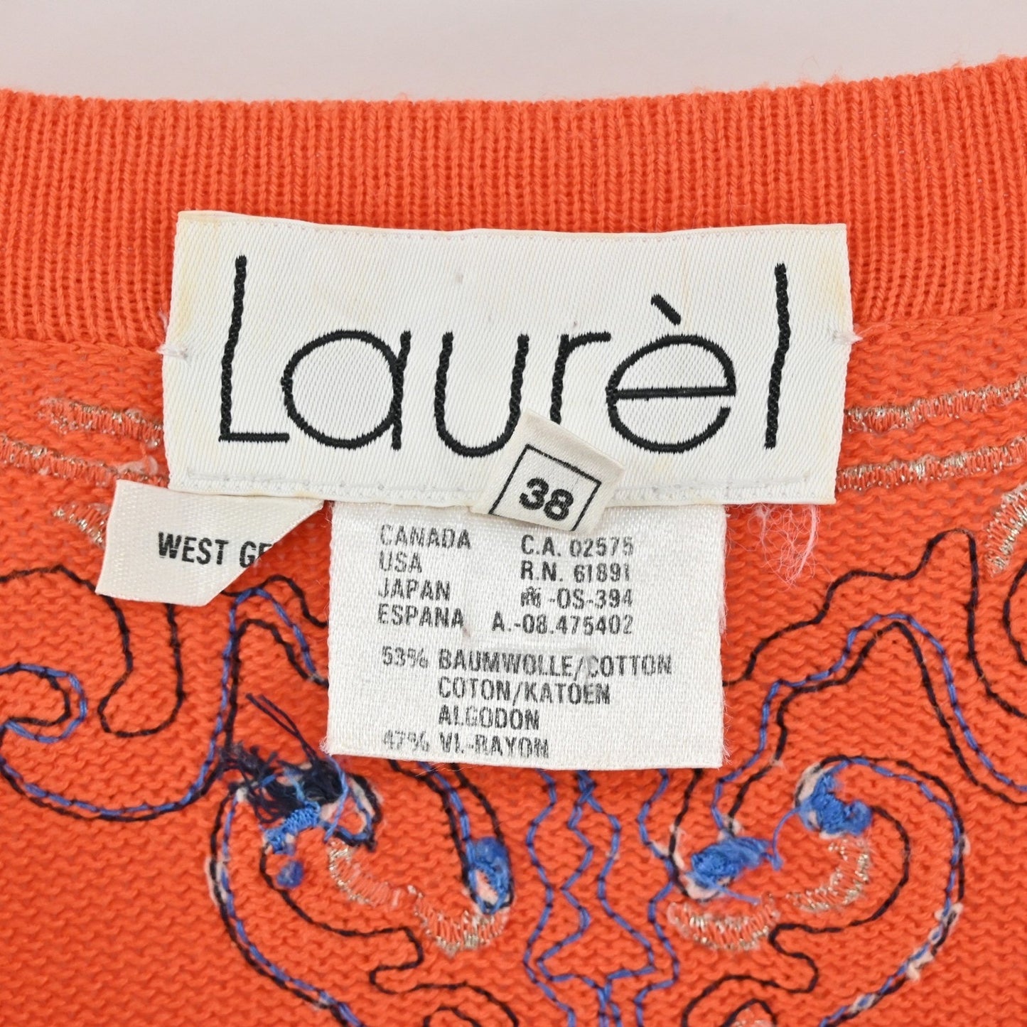 Vtg Laurel by Escada Womens Embroidered Cardigan Size 38 Orange Cotton Halloween