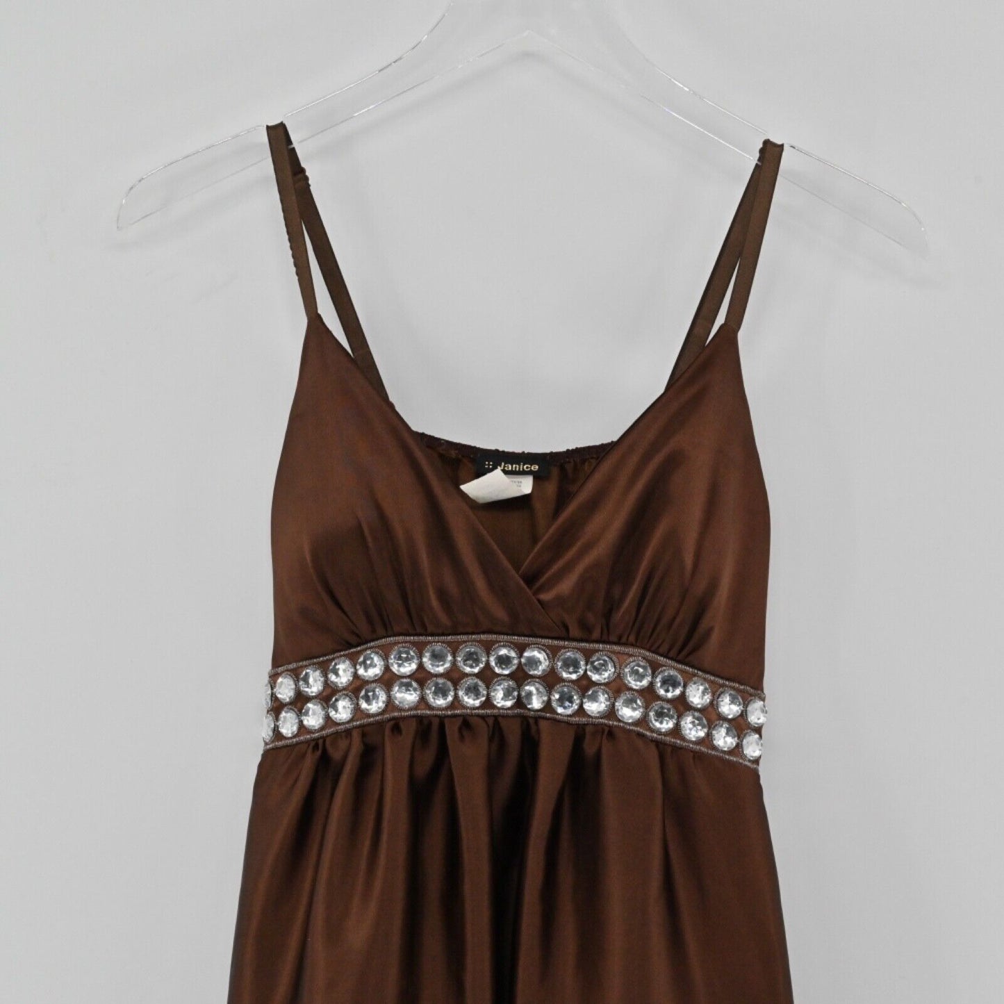 Vtg JANICE Dress Womens Sz S Brown Teal Geometric Satin Jeweled Empire Waist Y2k