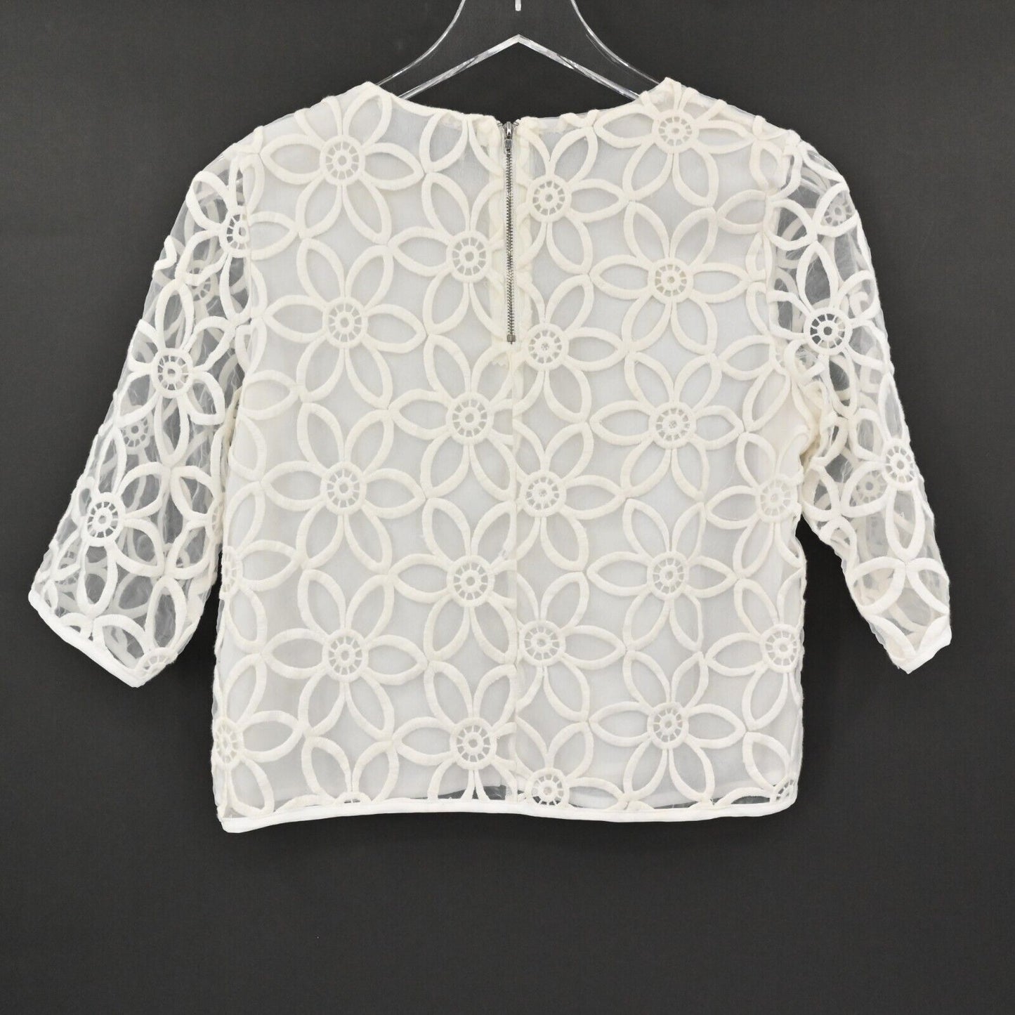 ENGLISH FACTORY Top Womens Size S Sheer Sleeve Flower Print Cropped Blouse White