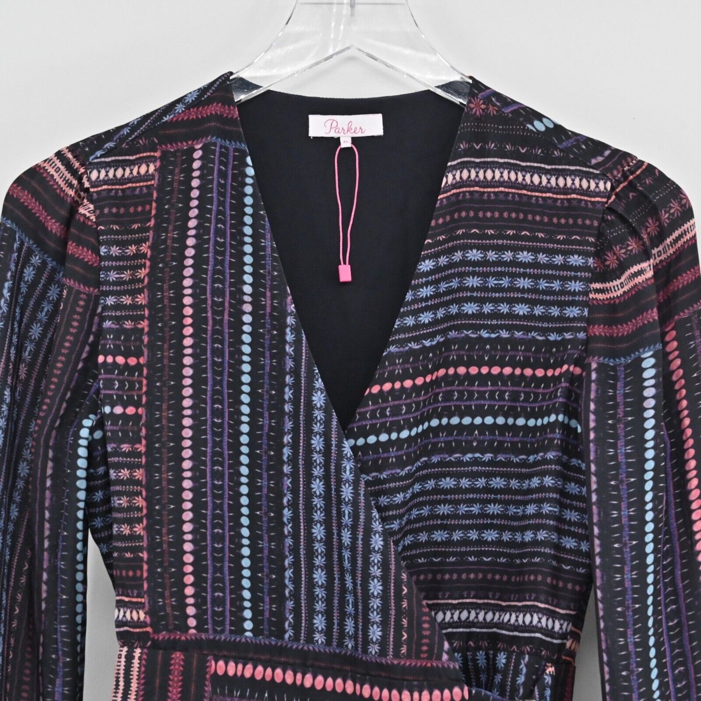 PARKER Top Women Sz XS Black Floral Stripe Mix Print Bell Sleeve V Neck Wrap NEW