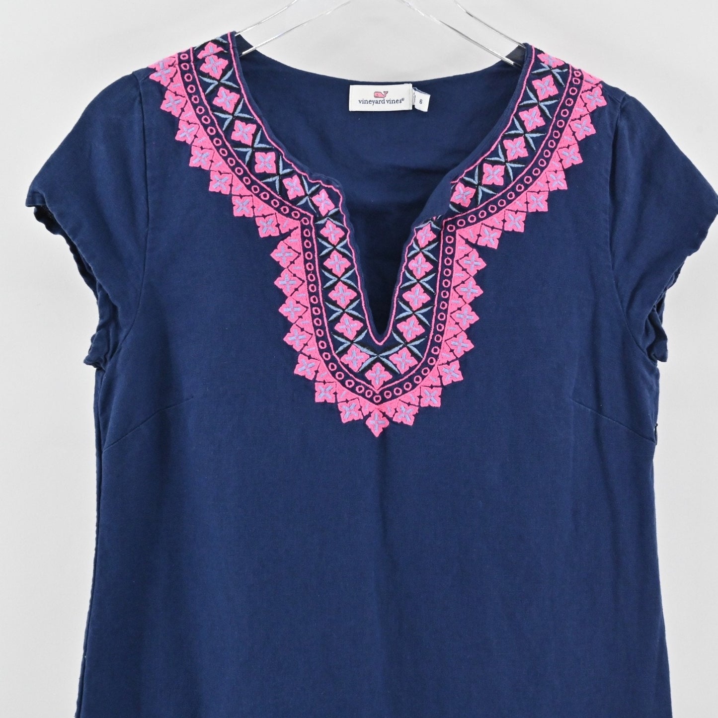 VINEYARD VINES Embroidered Tunic Shift Dress Size 6 Navy Blue Cotton Linen Boho