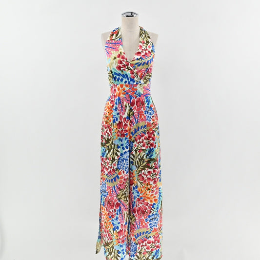 Sugar Lips Magic Moment Halter Jumpsuit Size XS Floral Wide Leg Vibrant Tropical
