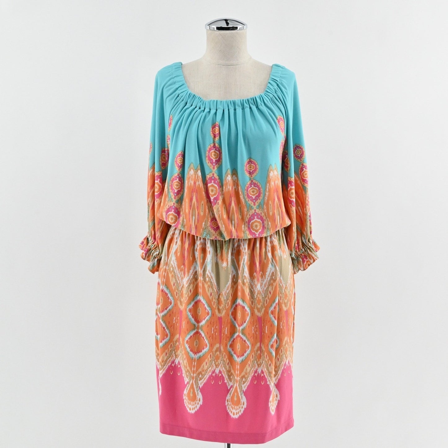 Boston Proper Blouson Dress Size 6 Colorful Ikat Off The Shoulder Boho Vibrant