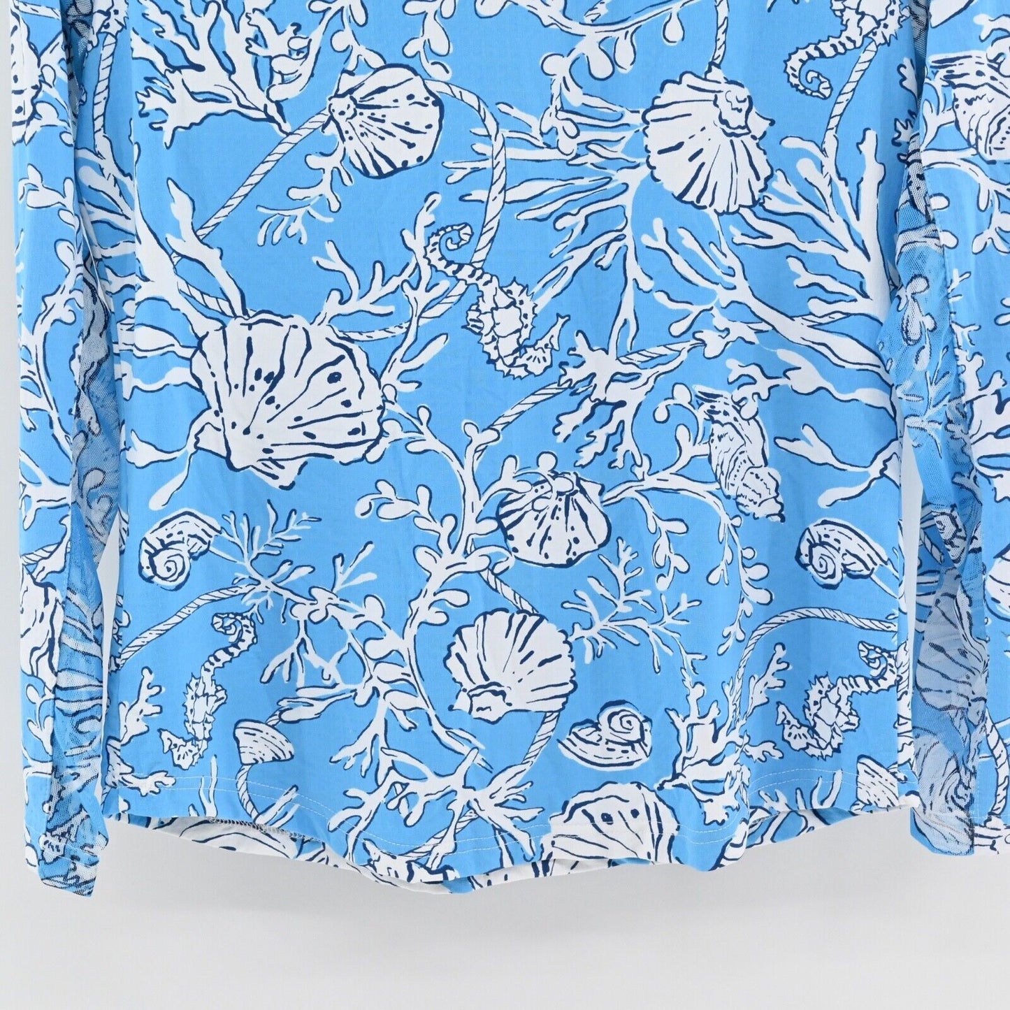 ICIKULS Top Womens Size M Blue Tropical Seashell Print Quarter Zip Long Sleeve