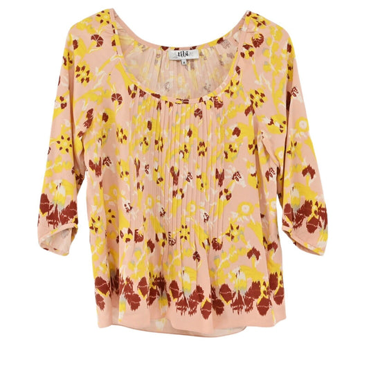 TIBI Top Womens Sz 4 Blush Pink Boho Floral 100% Silk Pleated 3/4 Sleeve Blouse