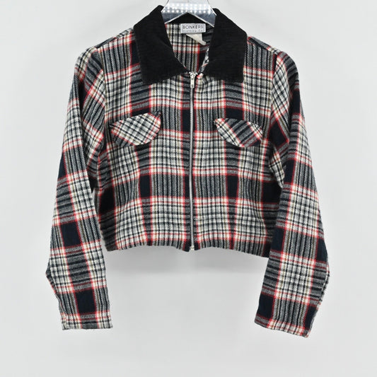Vtg Y2k BONKERS Wool Blend Plaid Cropped Jacket Size M Corduroy Preppy Grunge
