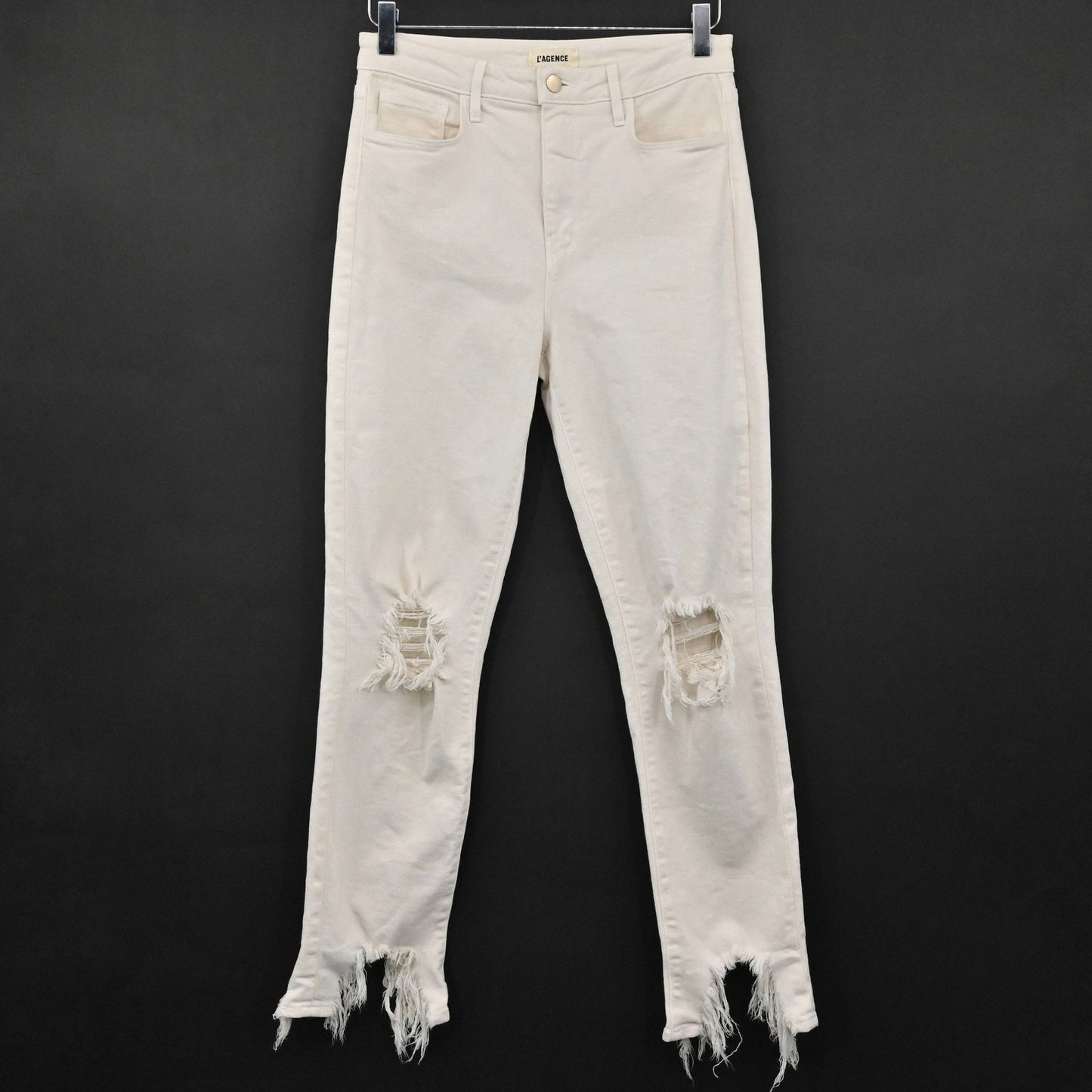 L'Agence Womens Distressed Jeans 27 Cream High Line Skinny Frayed Hem Ripped USA