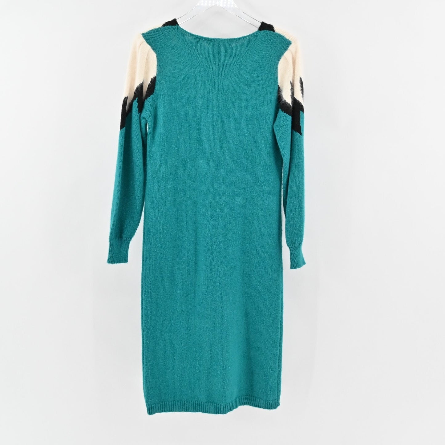 Vtg JOHN RICHARD Sweater Dress Angora Hair Sz M Knit Zig Zag Lightning Teal 80s