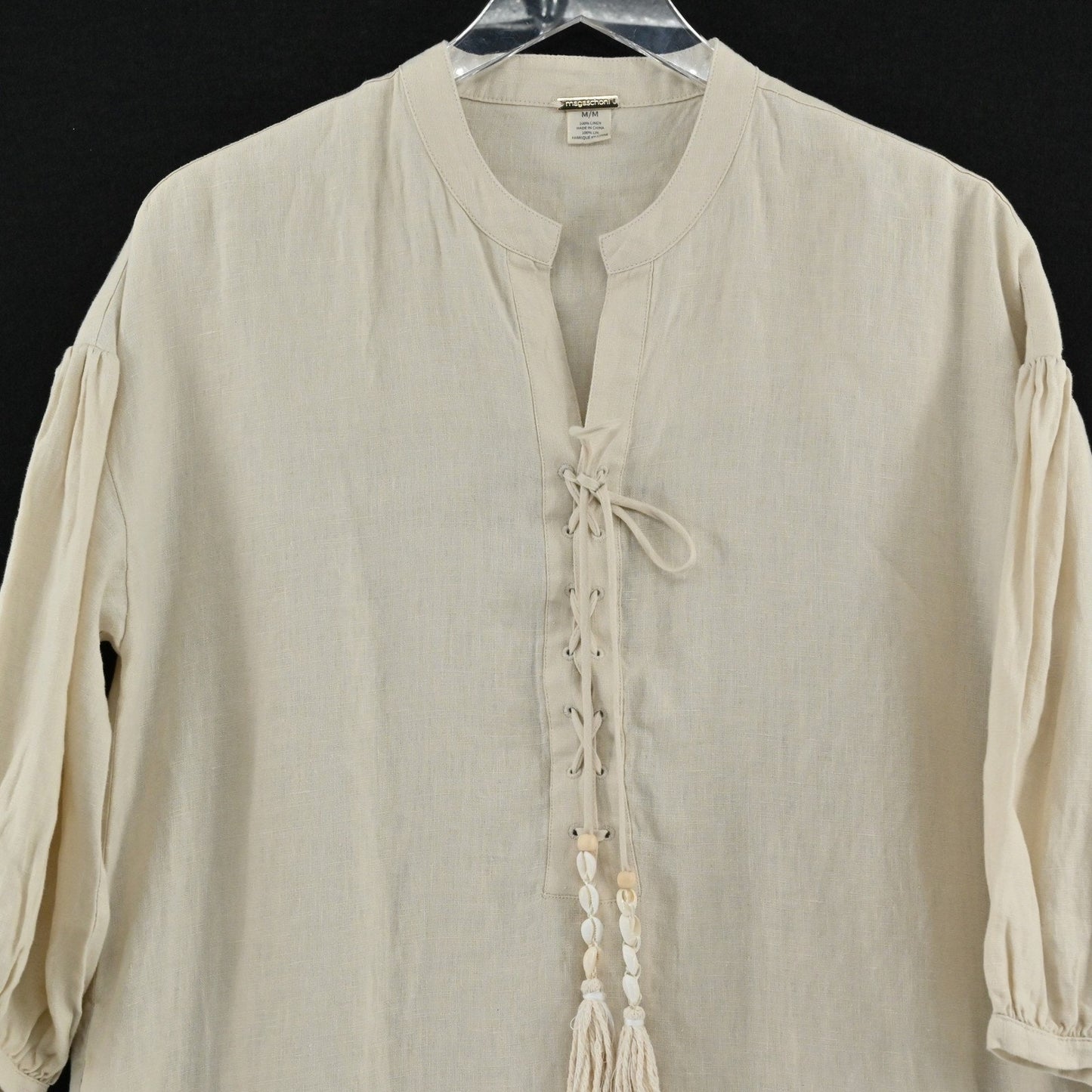 Magaschoni Linen Dress Size M Lagenlook Beige Ethereal Boho Neutral Tunic Tassel