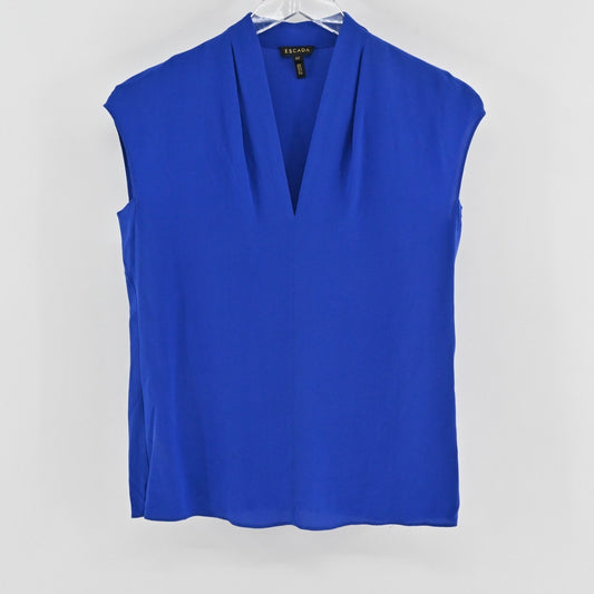 Escada Womens Silk Royal Blue Top Size 32 Sleeveless Pleated VNeck Blouse Siren