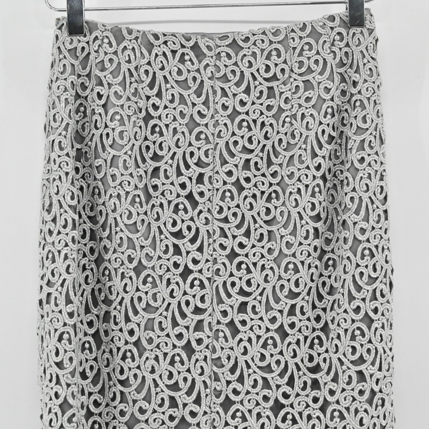 Vtg ANNE KLEIN Lace Pencil Skirt Womens Size 2 Silver Romantic Glamorous Luxe