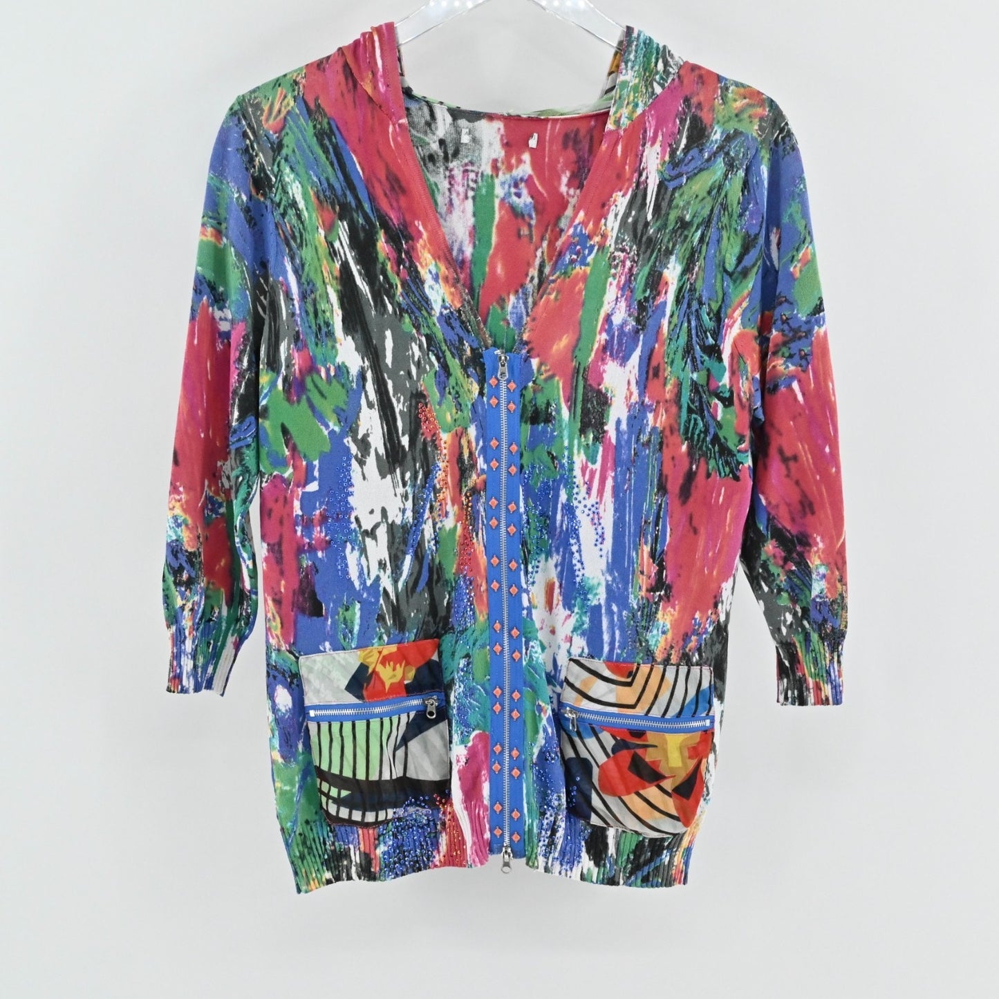 Alberto Makali Womens Beaded Zip Jacket Size L Cardigan Art to Wear Colorful