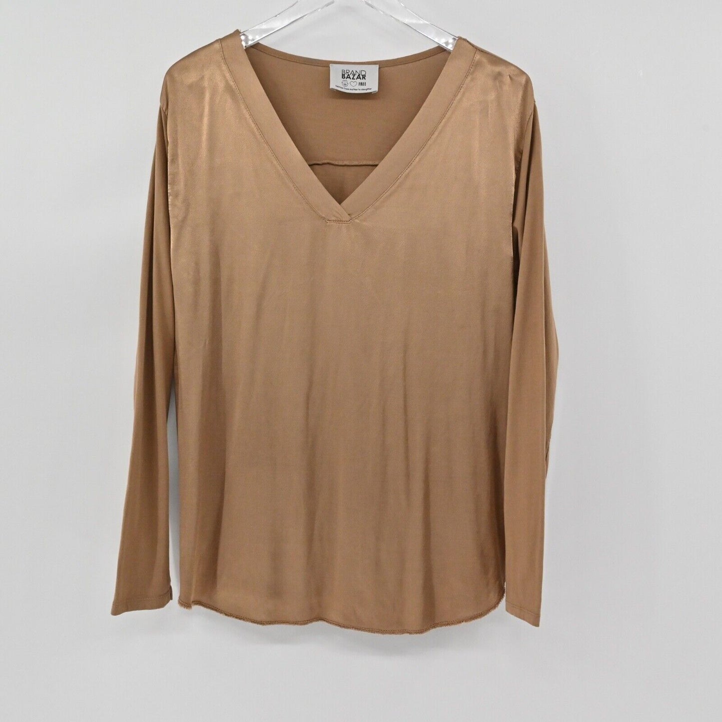 BRAND BAZAR Top Womens Size L Brown Satin Cotton Jersey Knit V Neck Long Sleeve