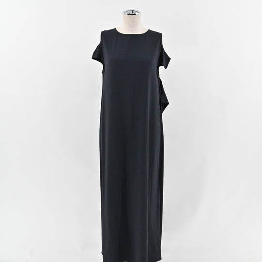 HELMUT LANG Silk Dress Size L Dark Navy Cold Shoulder Relaxed Trim Lagenlook