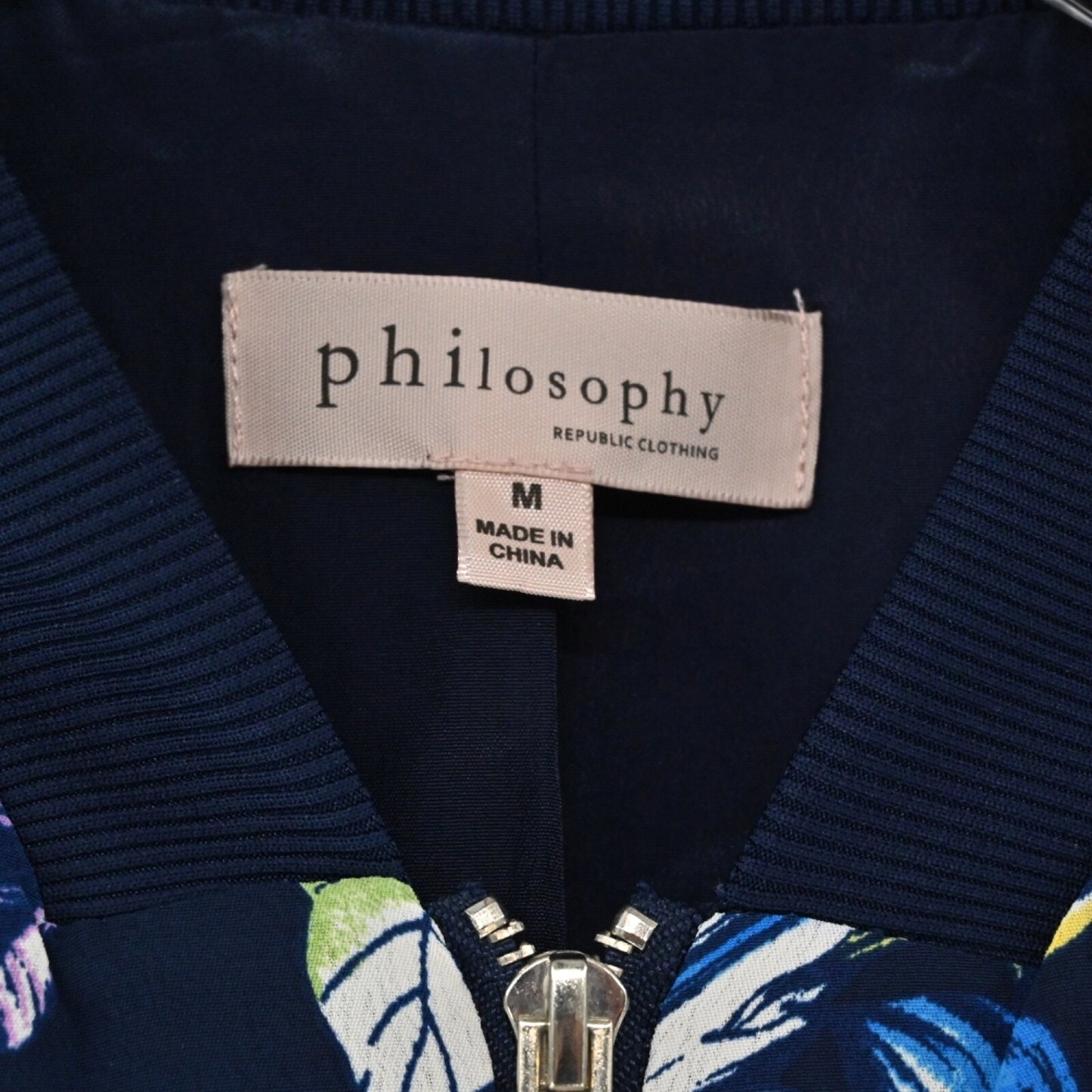 PHILOSOPHY Womens Floral Bomber Jacket Size M Blue Butterfly Full Zip Pockets