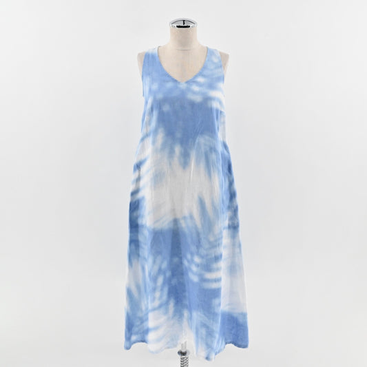 J Jill Love Linen Midi Dress Size XS ALine Breeze Abstract Palm Leaf Blue White