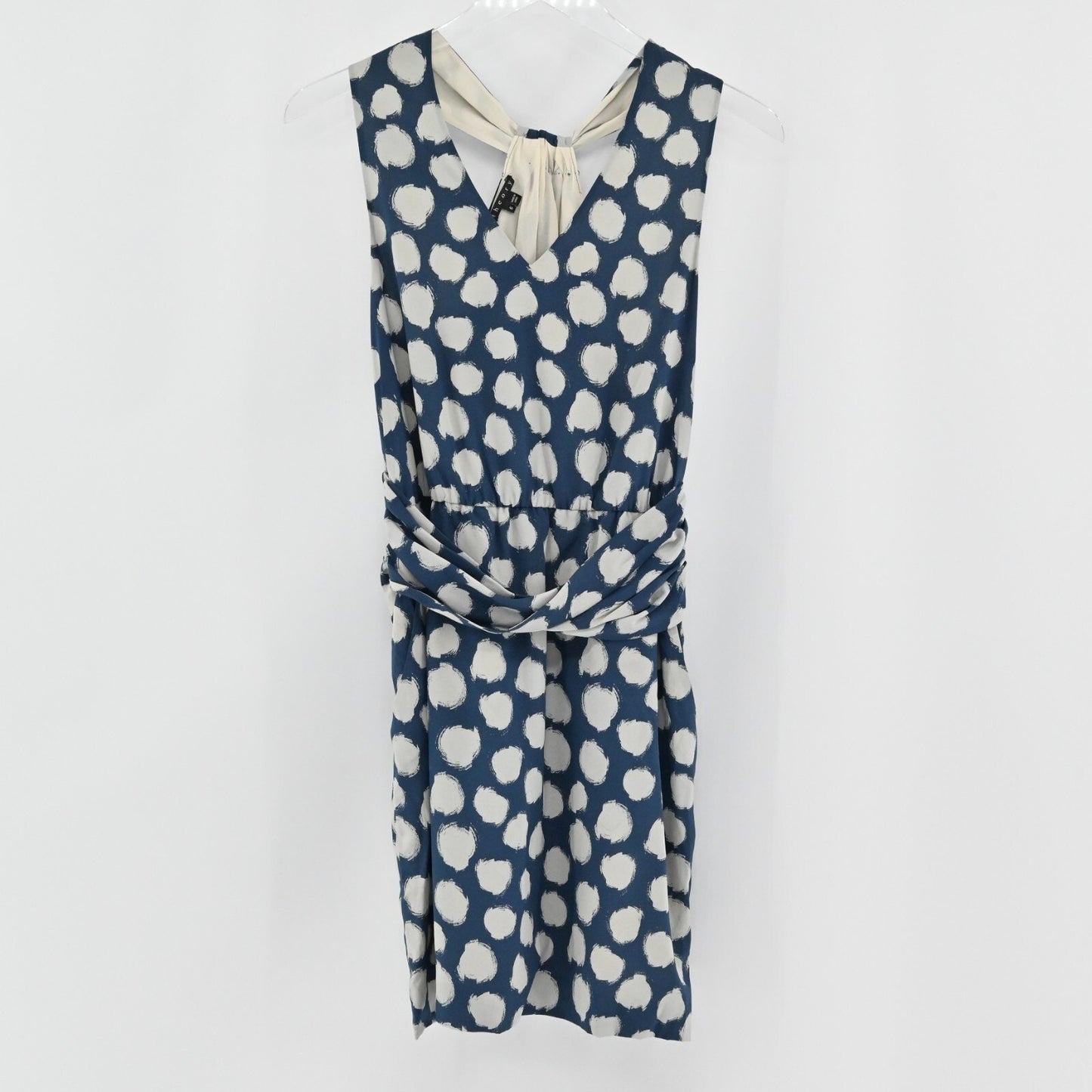 THEORY Womens Ruchia Silk Dress Size 6 Ikat Dot Sleeveless Blue Cream Stretch
