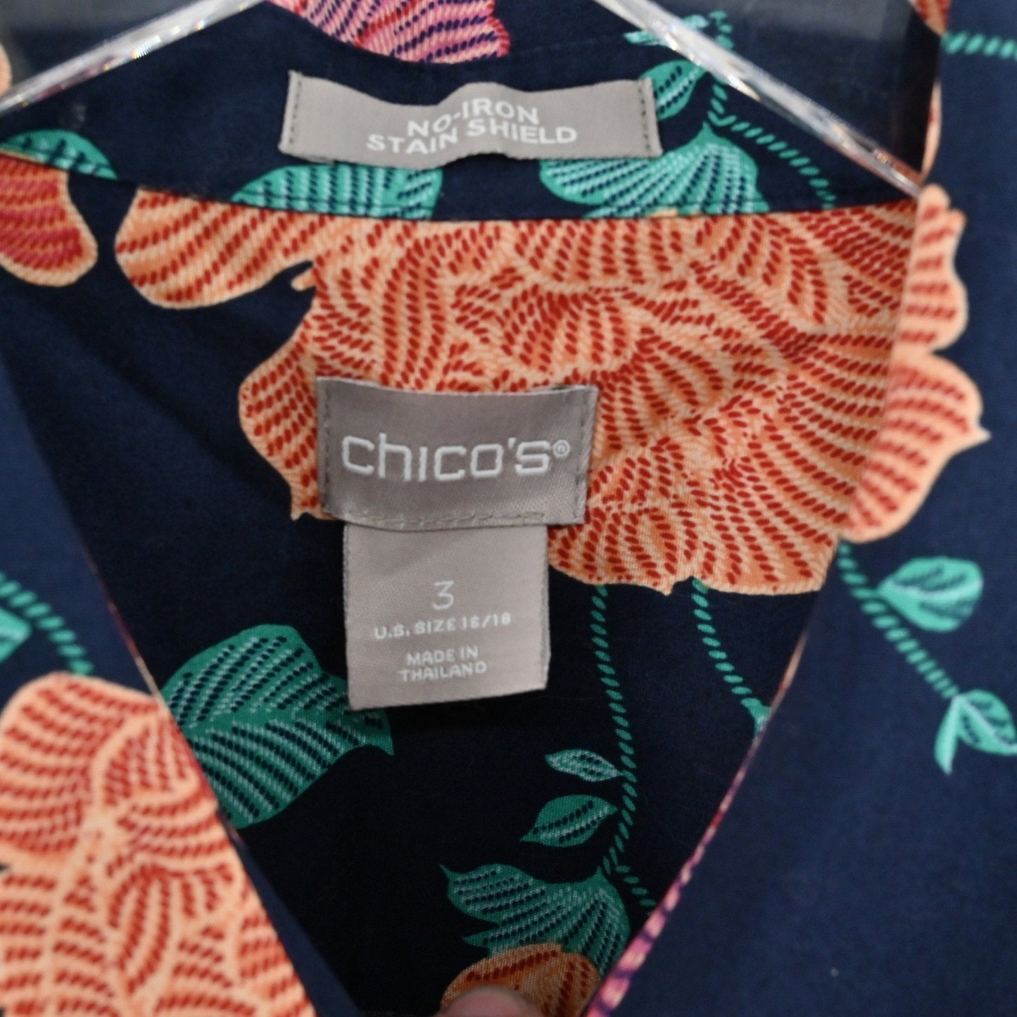 CHICOS Womens Top Size XL Cotton Floral Button Tropical Vibrant Orange Pink