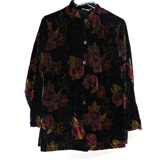 Vtg WHITE STAG Top Womens Size S Black Floral Metallic Velvet Button Up Faux Fur