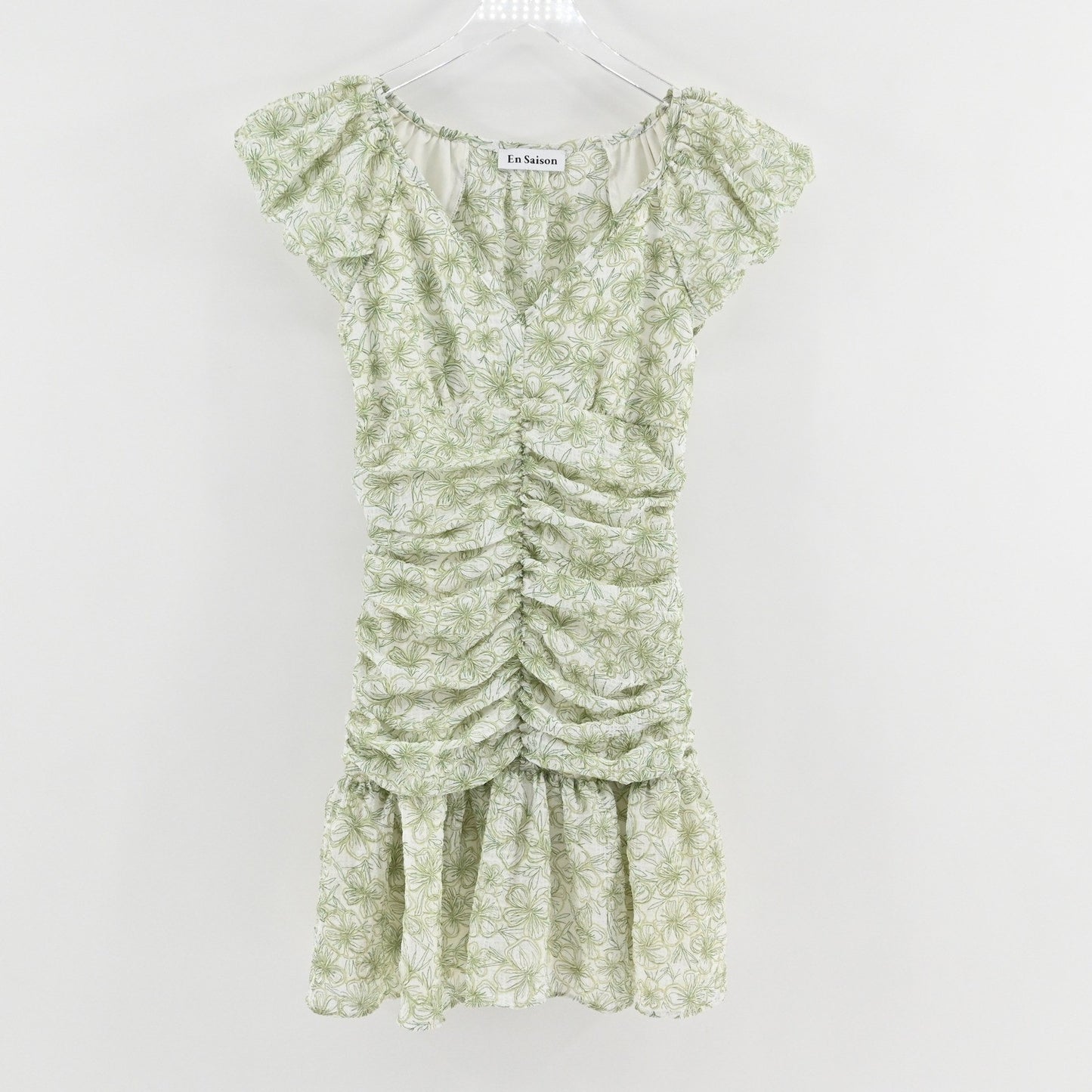 En Saison Monique Ruched Floral Mini Dress Size S Romantic Green Puff Sleeve