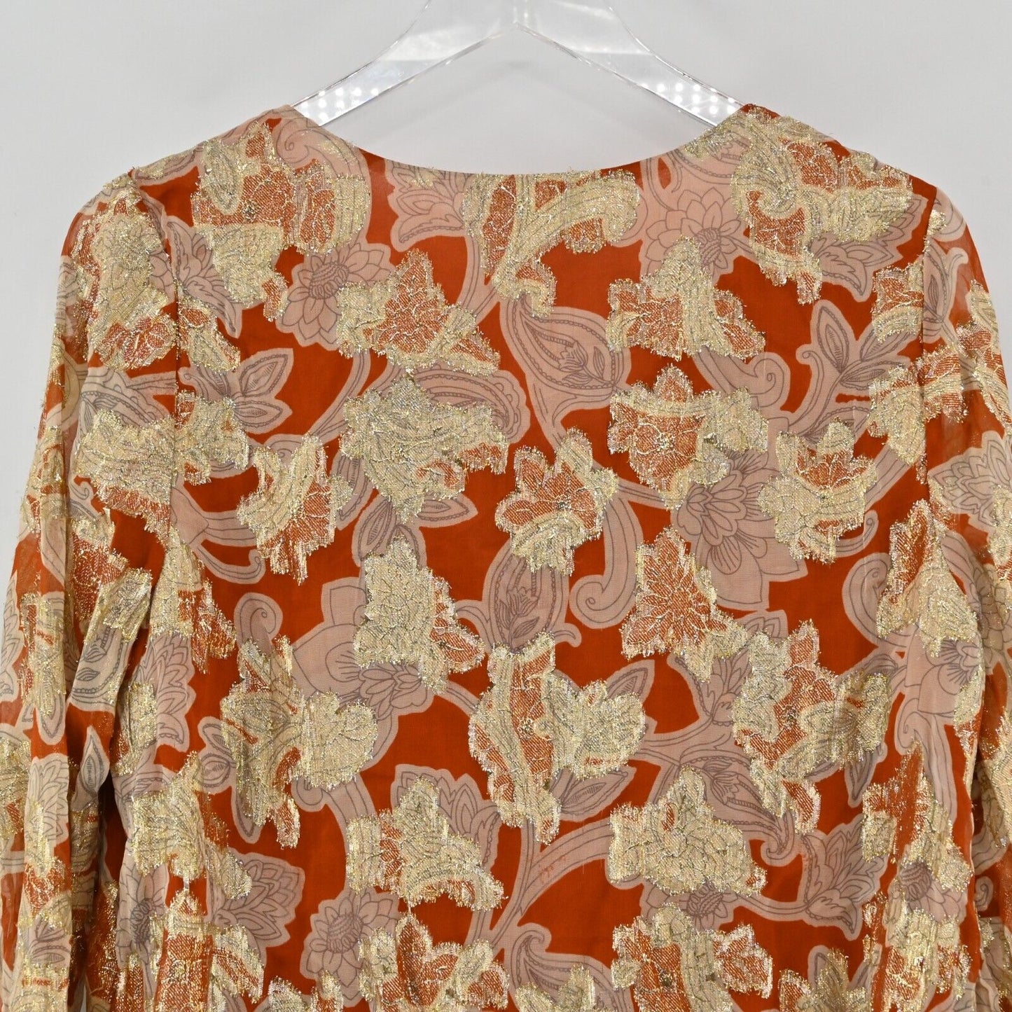 BODEN Top Womens Sz 6 VNeck Jacquard Blouse Rust Whirl Floral Print Long Sleeve