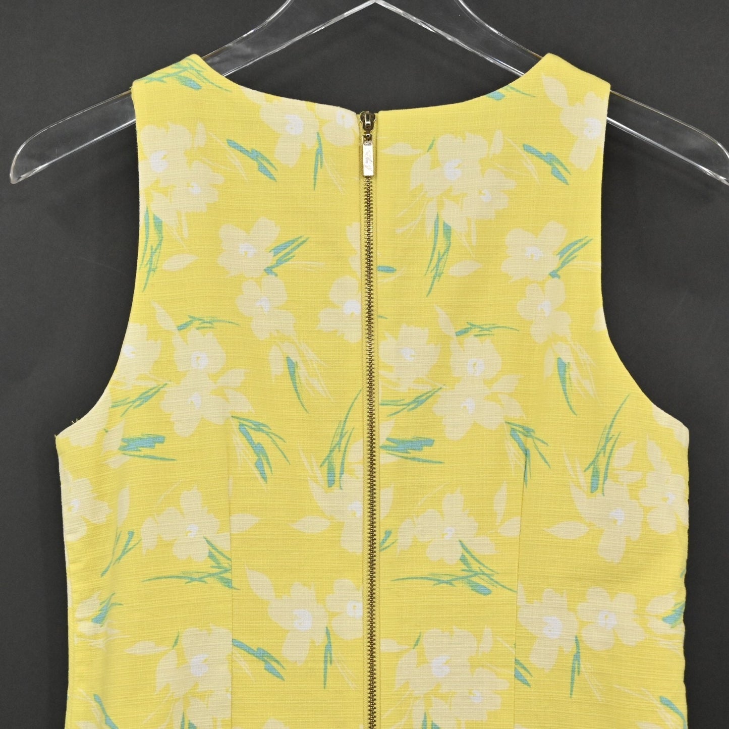 ELIZA J Yellow Shift Dress Size 6 Sleeveless White Lace Trim Floral Print Preppy