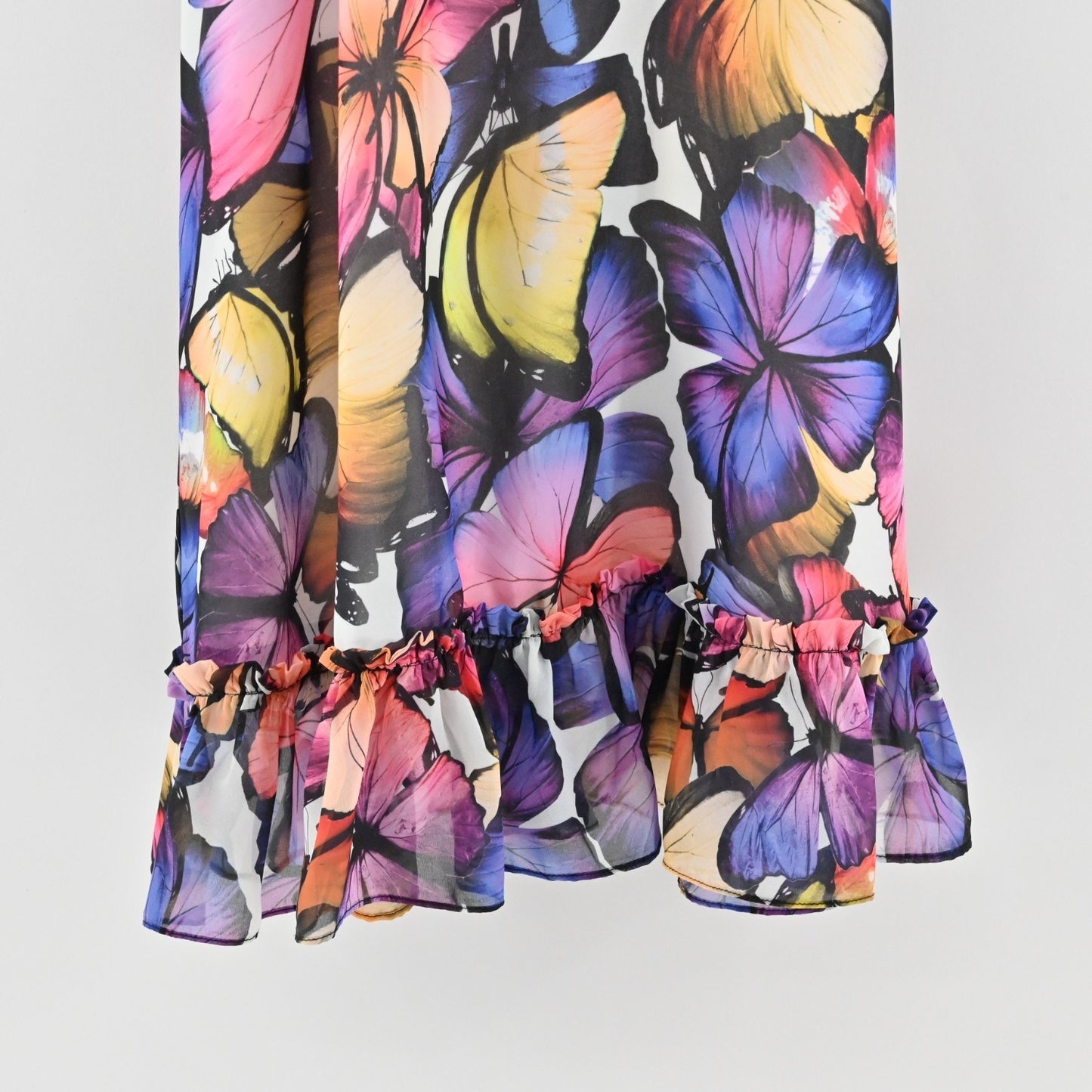 Vtg Y2k Atina Cristina Colorful Butterfly Mini Dress Sz XS Sleeveless Ruffle Hem