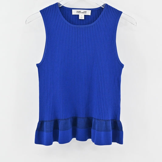 DIANE VON FURSTENBERG Top Womens Size M Cobalt Blue Ribbed Knit Peplum Tank DVF