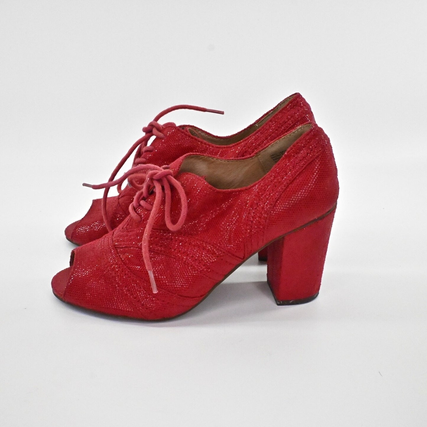 SEYCHELLES Womens Eternity Peep Toe Oxford Heels Sz 6 Red Shimmer Lace Up Retro
