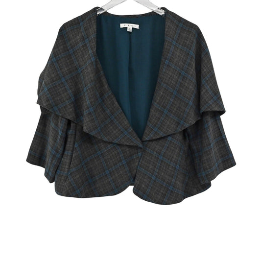 CABI Jacket Womens Size 12 Gray Blue Court Plaid Tweed Capelet Style Crop Retro
