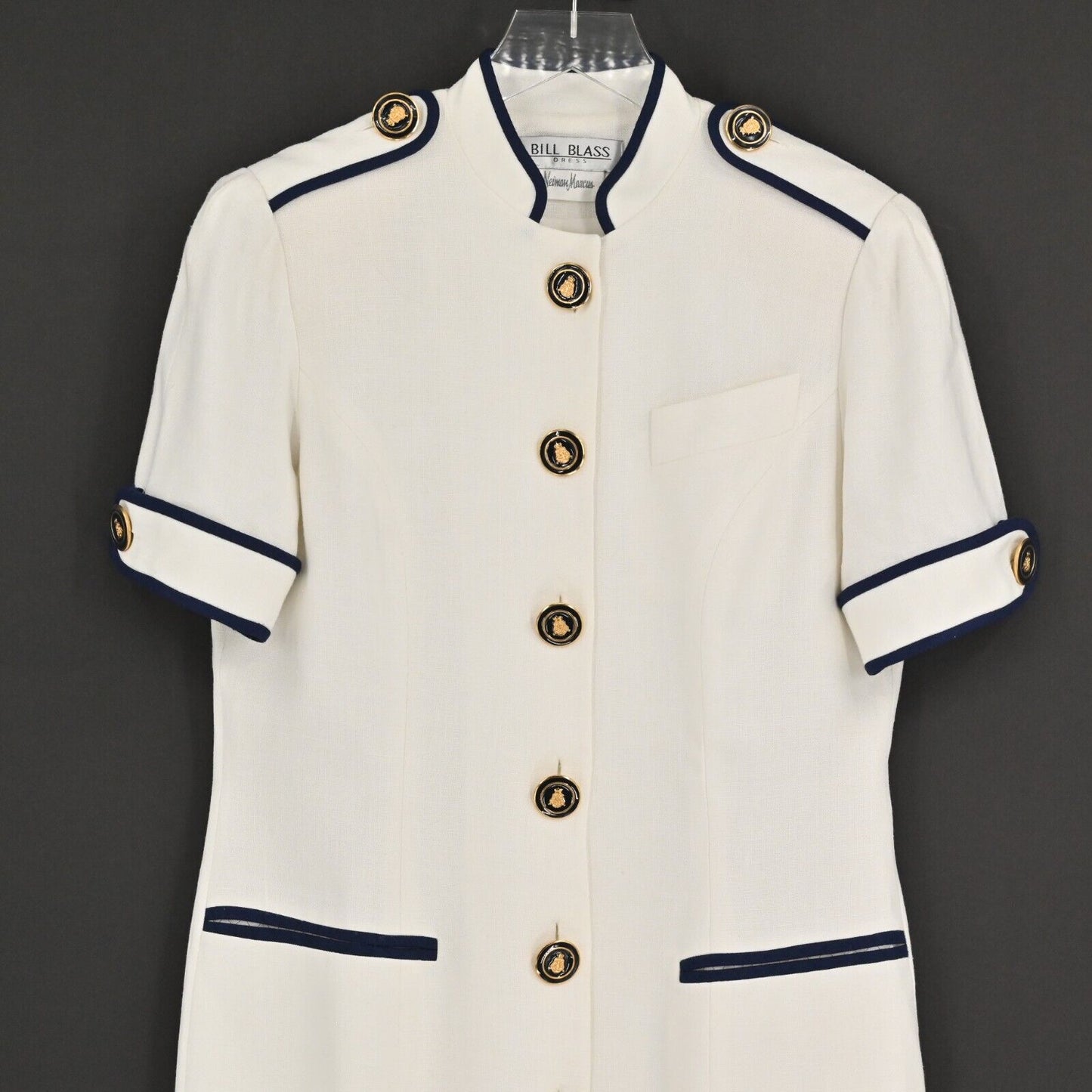 Vtg BILL BLASS Dress Womens Size 6 Navy Button Front Epaulet Preppy Nautical 80s