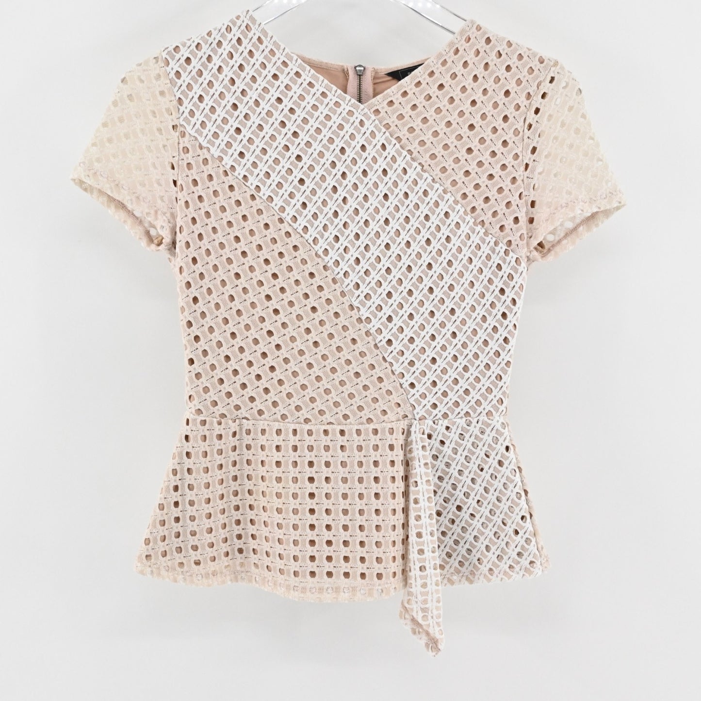 BCBGMaxazria Womens Kaleigh‎ Peplum Lace Eyelet Top Size XS Blouse Cream White