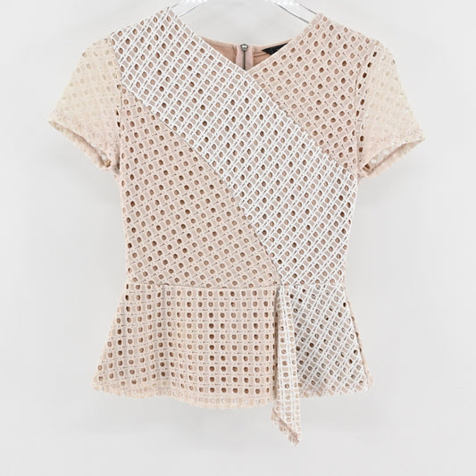 BCBGMaxazria Womens Kaleigh‎ Peplum Lace Eyelet Top Size XS Blouse Cream White