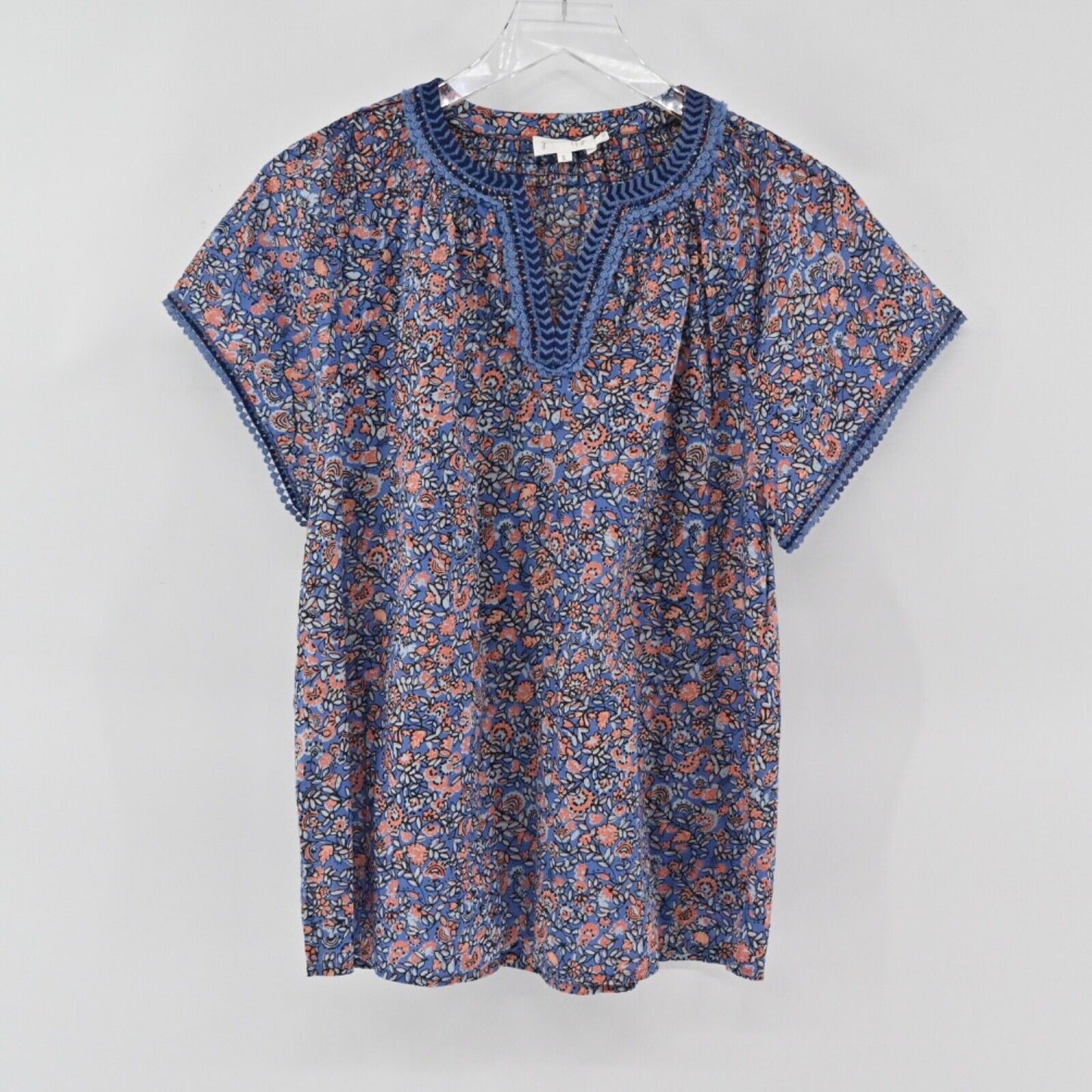 GEN HAPPY Energy Blouse Womens Size S Blue Floral 100% Cotton Embroidered Boho