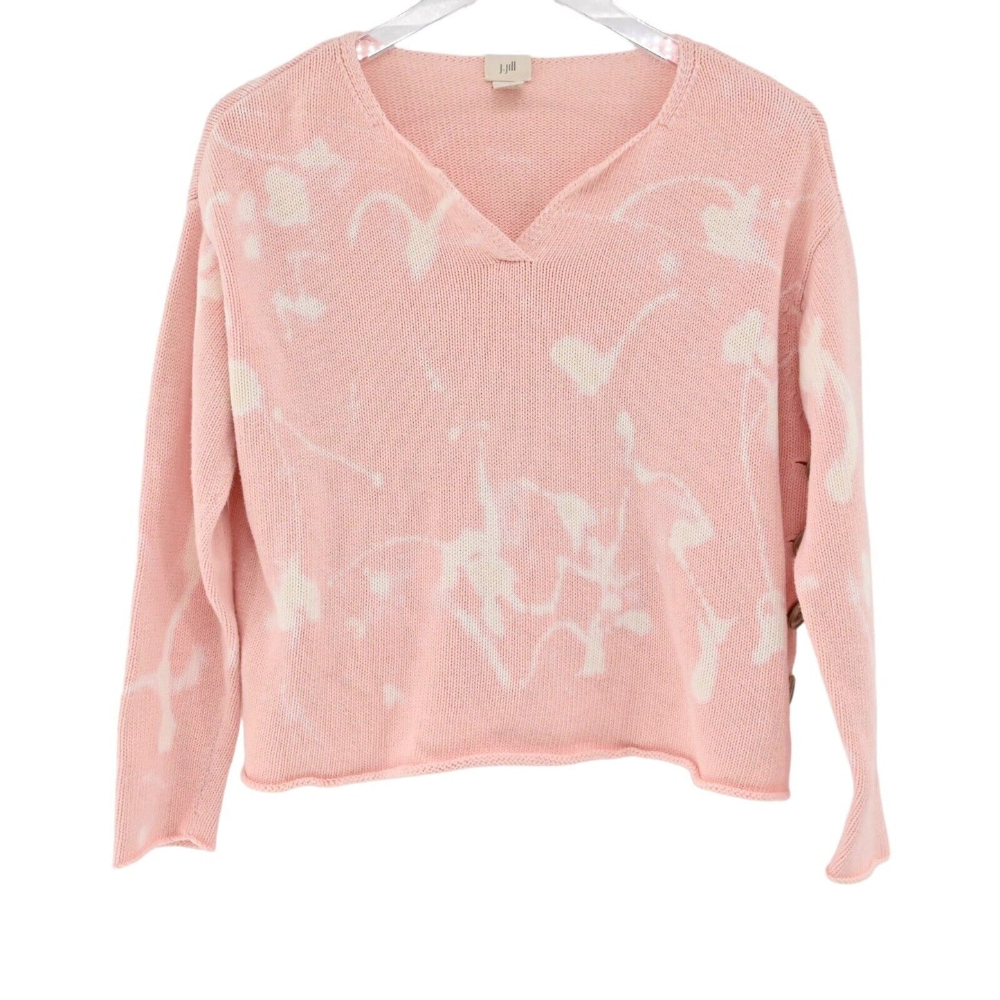 J JILL Sweater Womens Sz XSP Pink Bleach Splatter 100% Cotton VNeck Side Button
