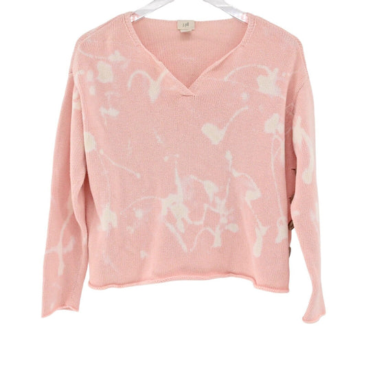 J JILL Sweater Womens Sz XSP Pink Bleach Splatter 100% Cotton VNeck Side Button