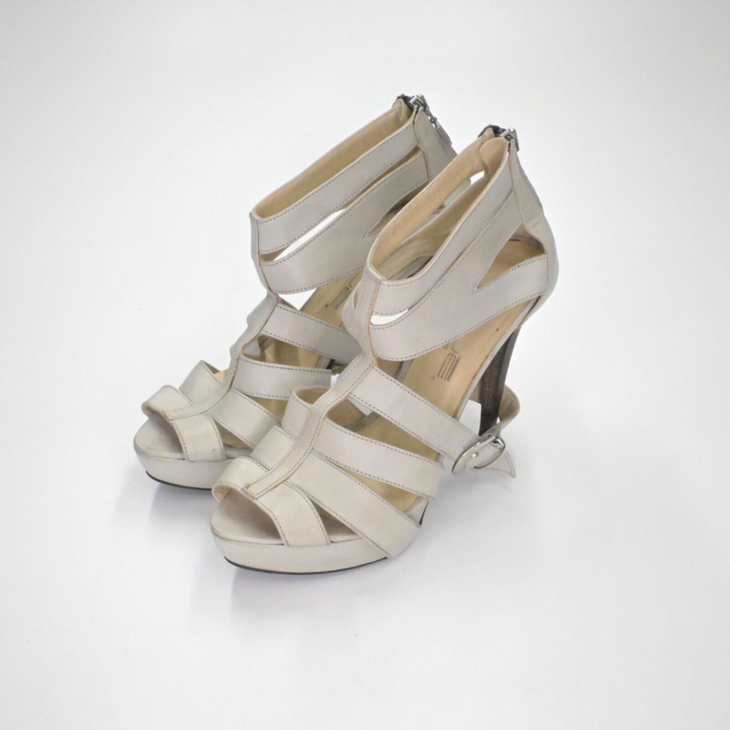 Vtg INNUE Heels Womens Size 38 Gray Leather Strappy Buckle Stiletto Back Zip 00s