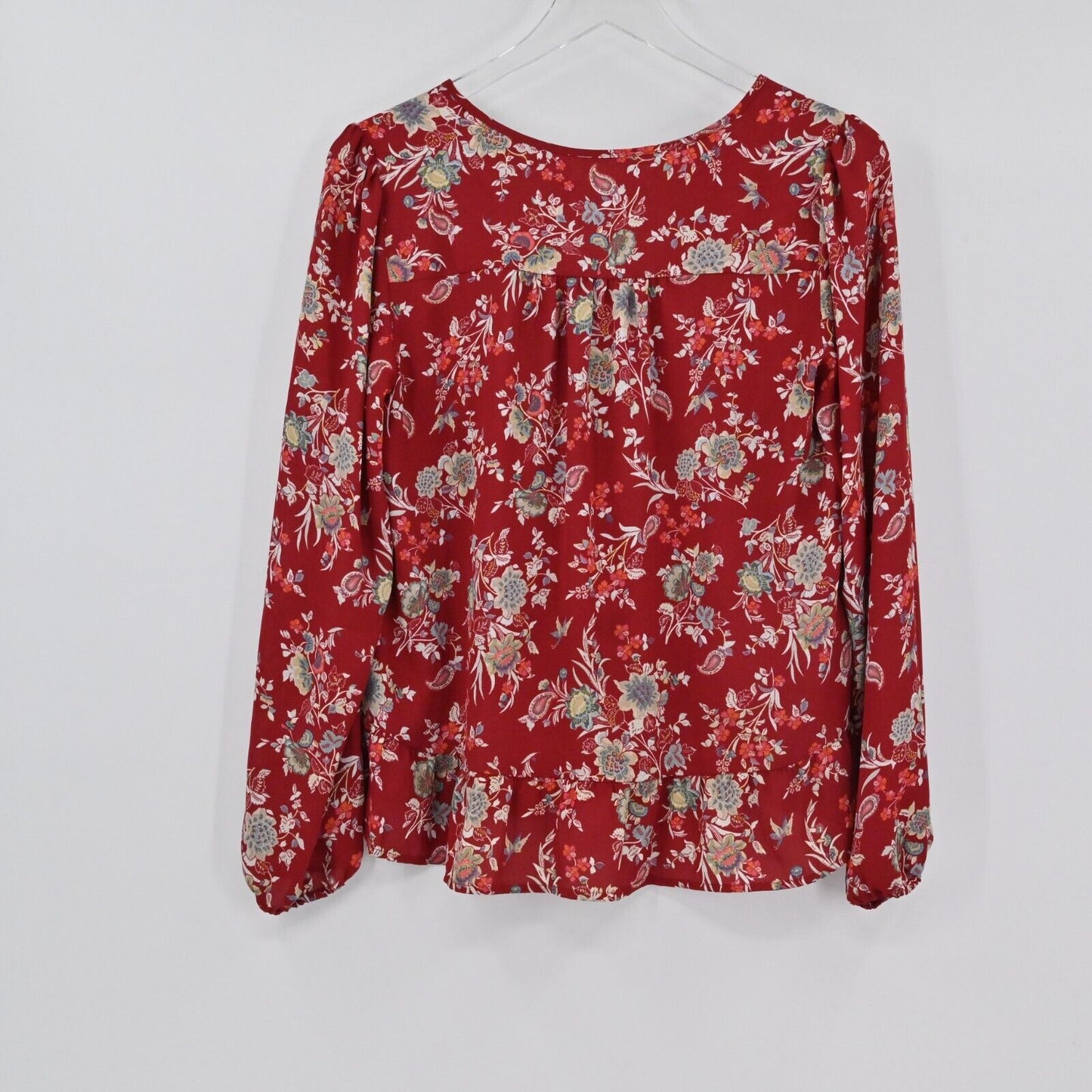 LOFT Top Womens Size XS Red Floral Tie V-Neck Blouse Ruffle Hem Balloon Sleeve