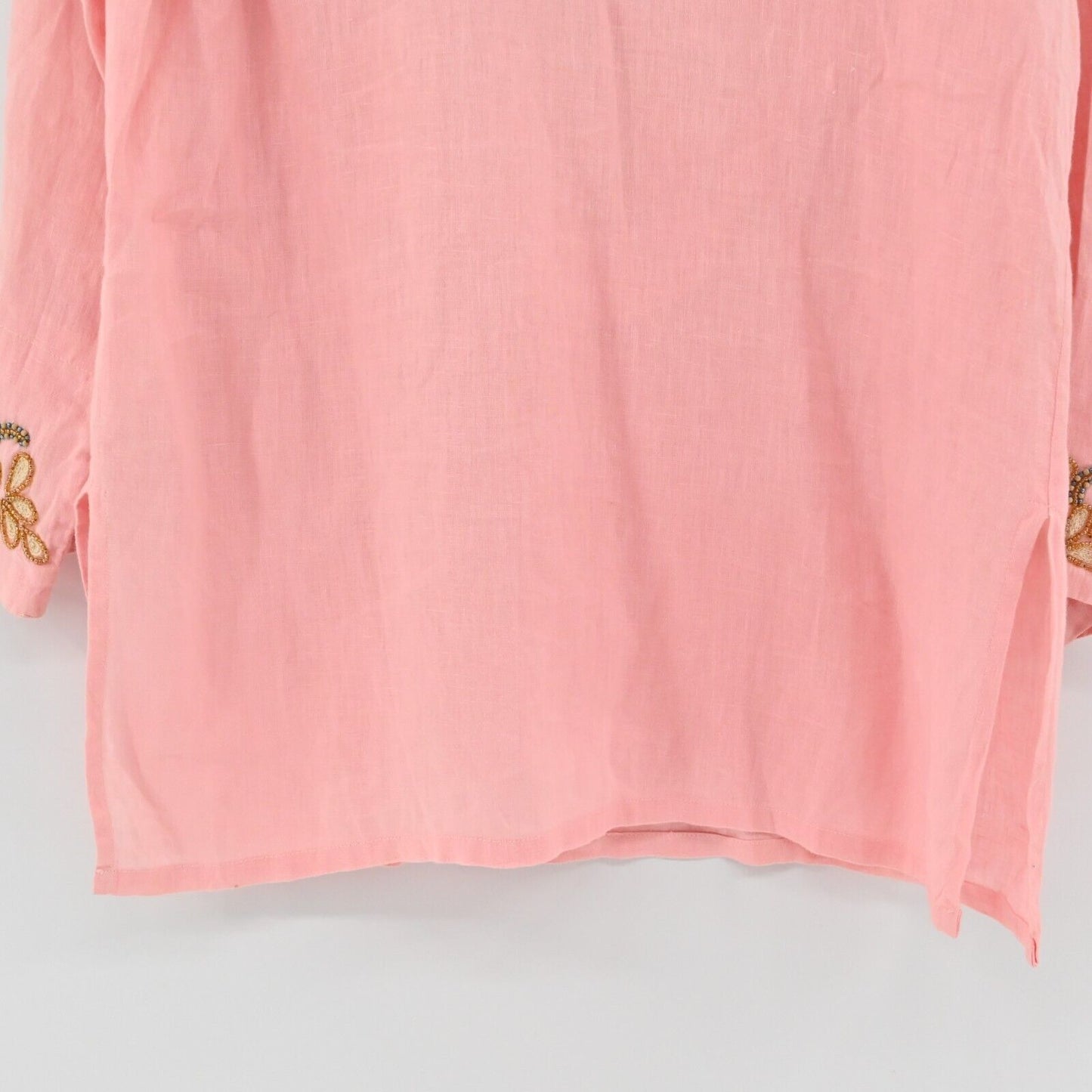 BARBARA GERWIT Top Womens Size M Linen Beaded Detail Pink Tunic Split VNeck