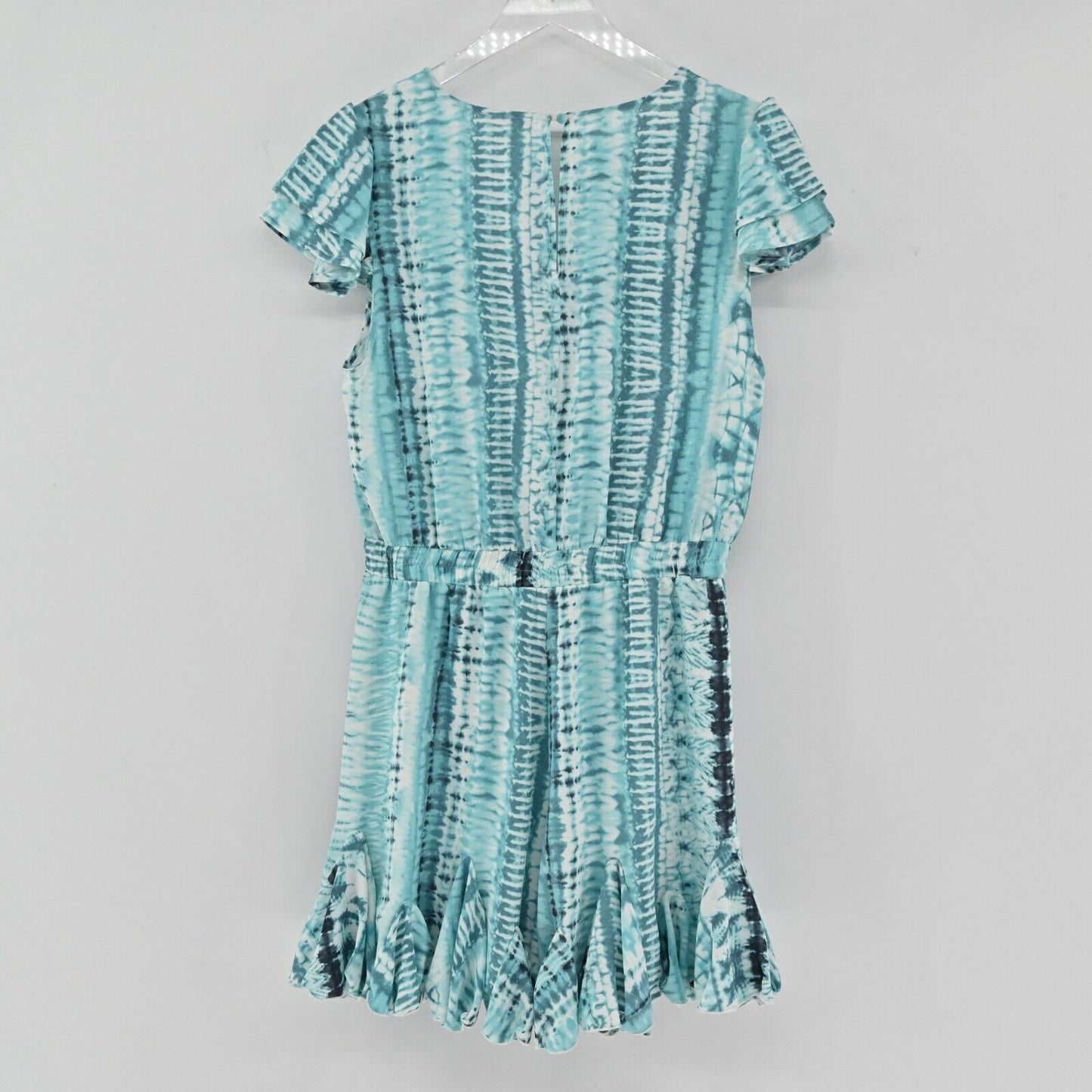 LUXXEL Romper Womens Size L Short Sleeve VNeck Turquoise Printed Tie Waist Frill